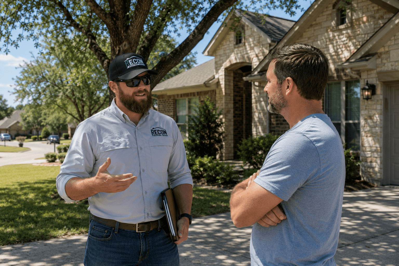 Recon Roofing contractor talking with a homeowner in the driveway of a Central Texas home