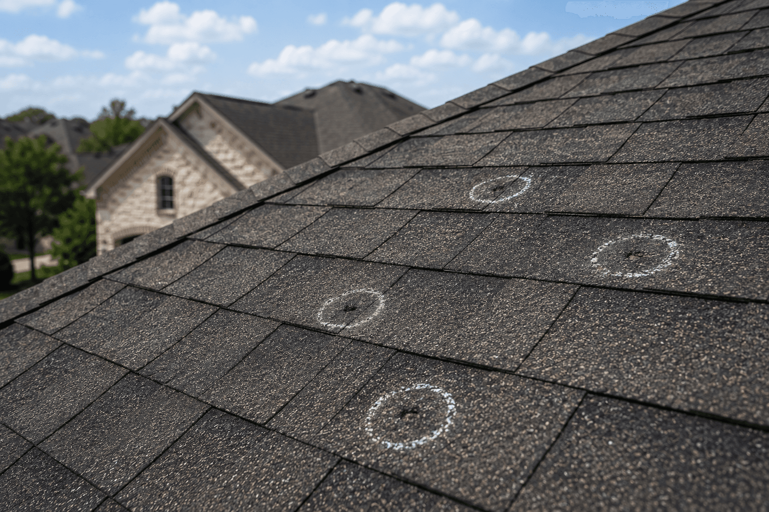Recon Roofing inspector measuring hail damage on a Central Texas residential shingle roof