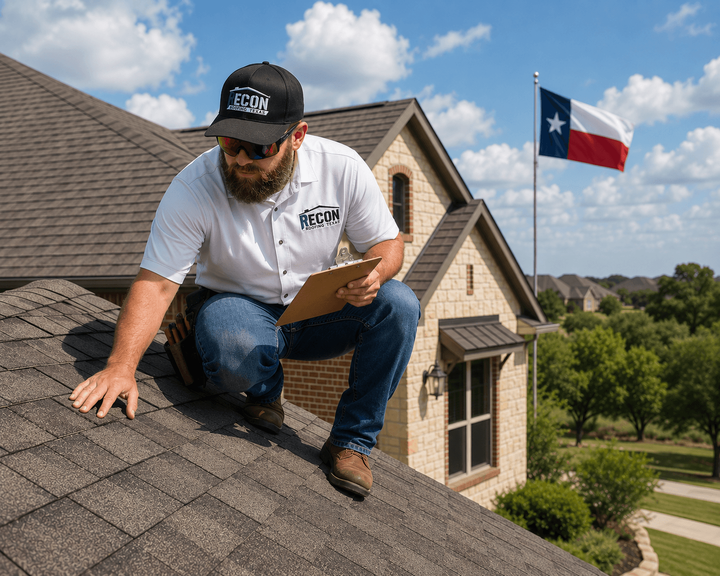 Recon Roofing inspector examining shingles on a Central Texas roof with Texas flag in background