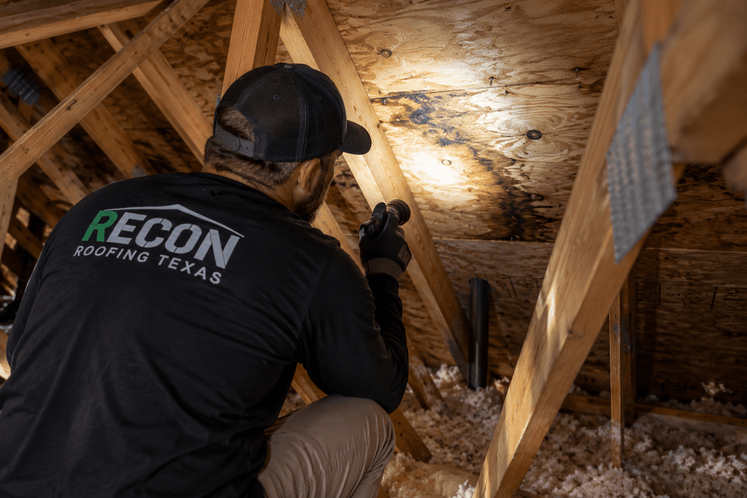 Recon Roofing technician in an attic shining a flashlight on dark water staining across the underside of the roof deck
