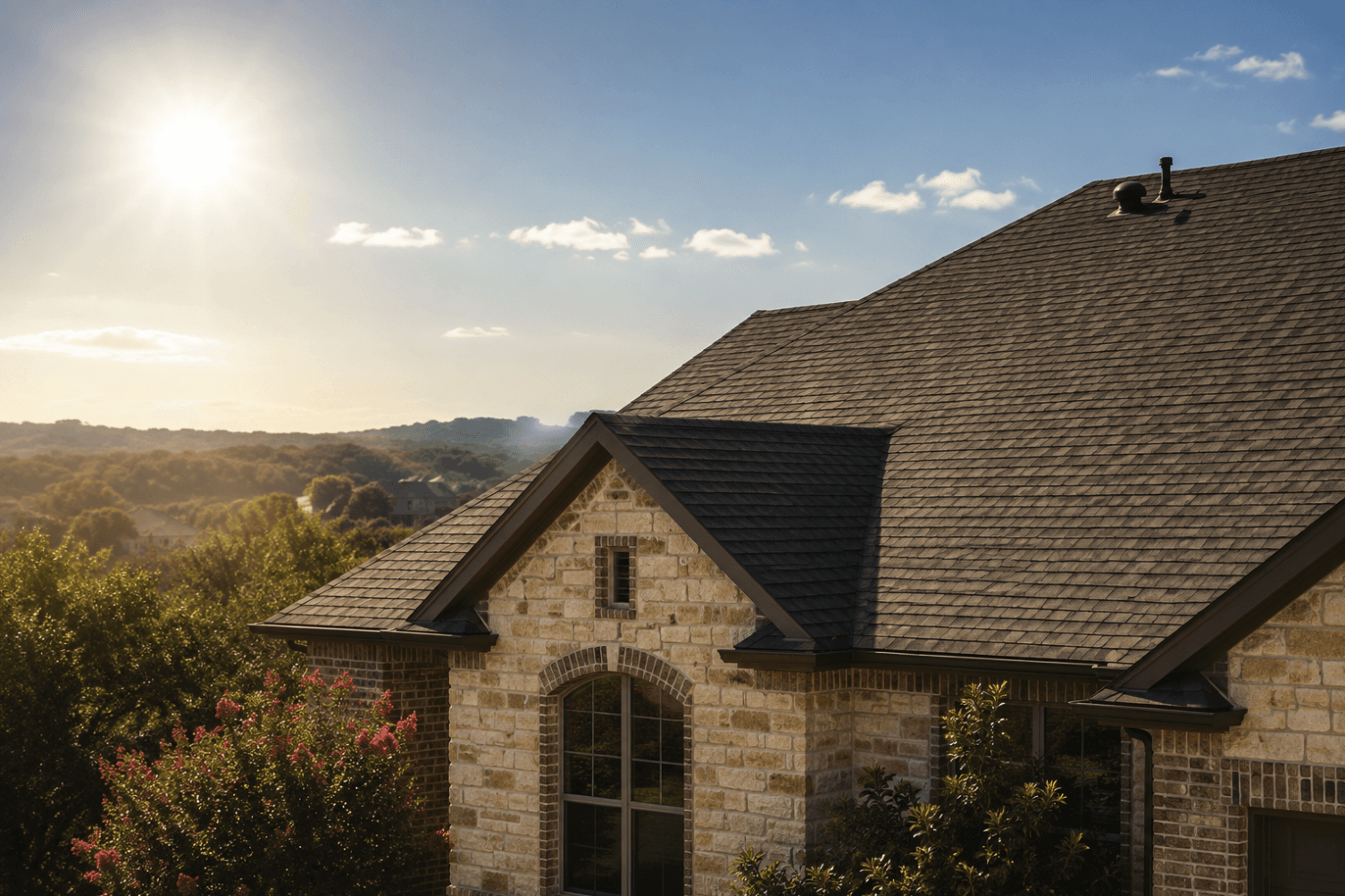Stone home with asphalt shingle roof in the Texas Hill Country at sunset