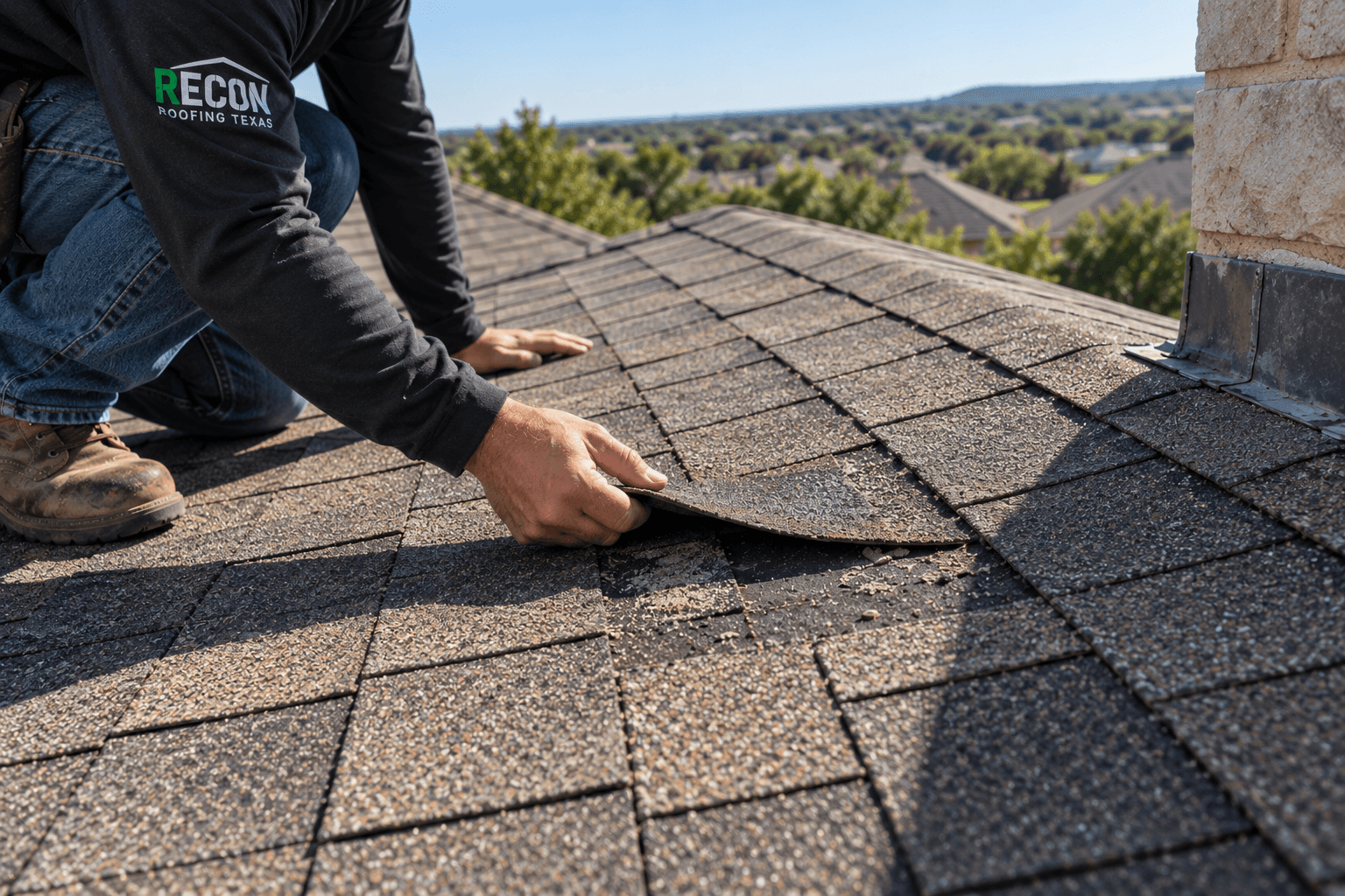 Recon Roofing technician lifting a cracked shingle to check the decking underneath on a Central Texas roof