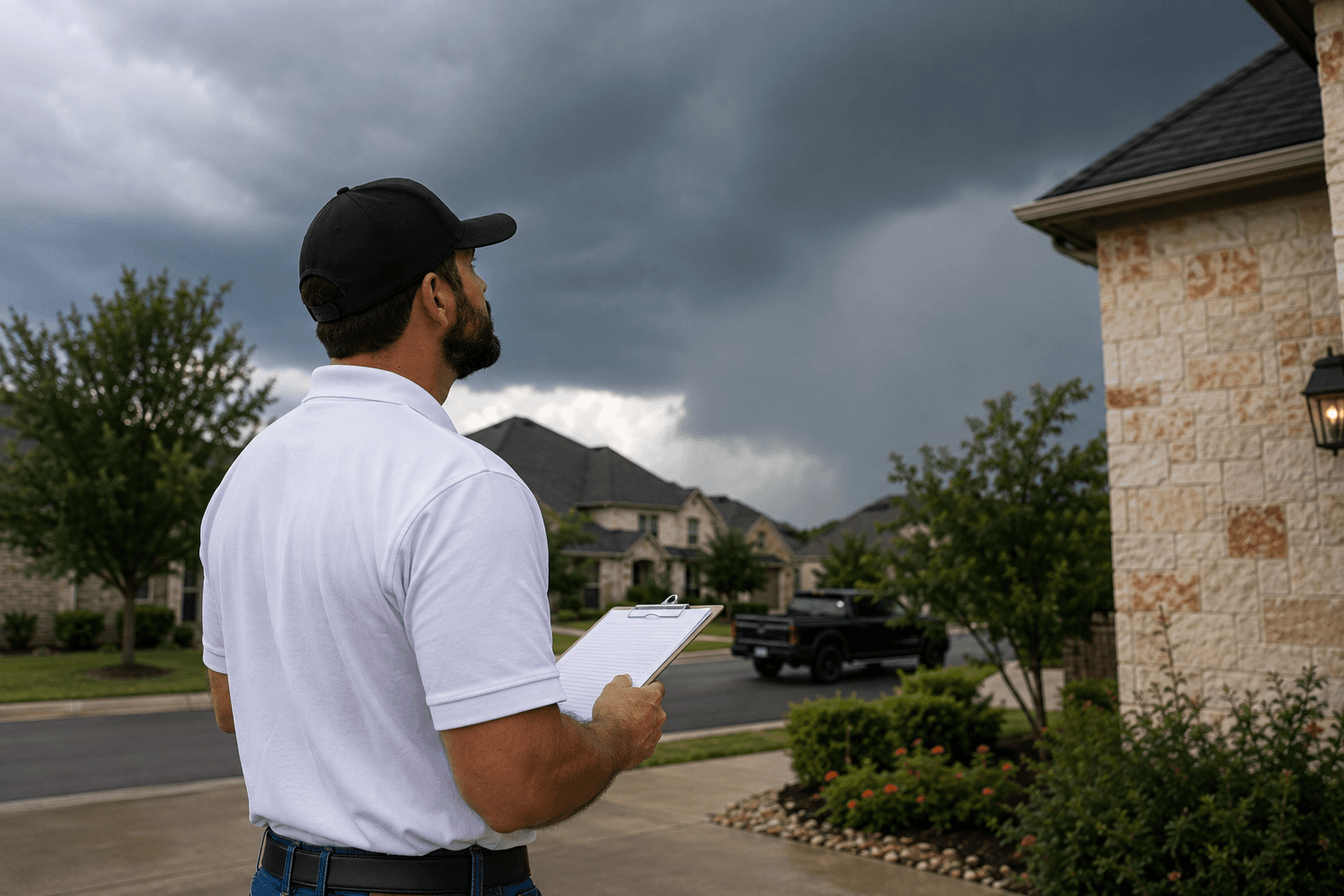 Recon Roofing inspector checking shingles on a Central Texas roof before an approaching storm