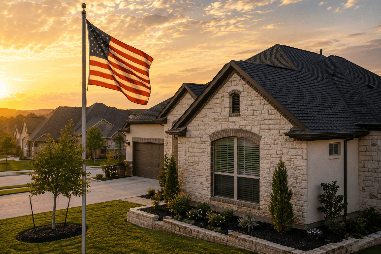 American flag next to a roofing crew working on a Central Texas home