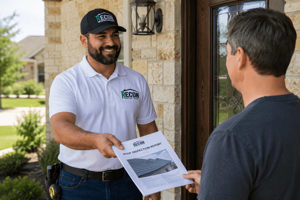 Recon Roofing professional handing a homeowner a written roof inspection report
