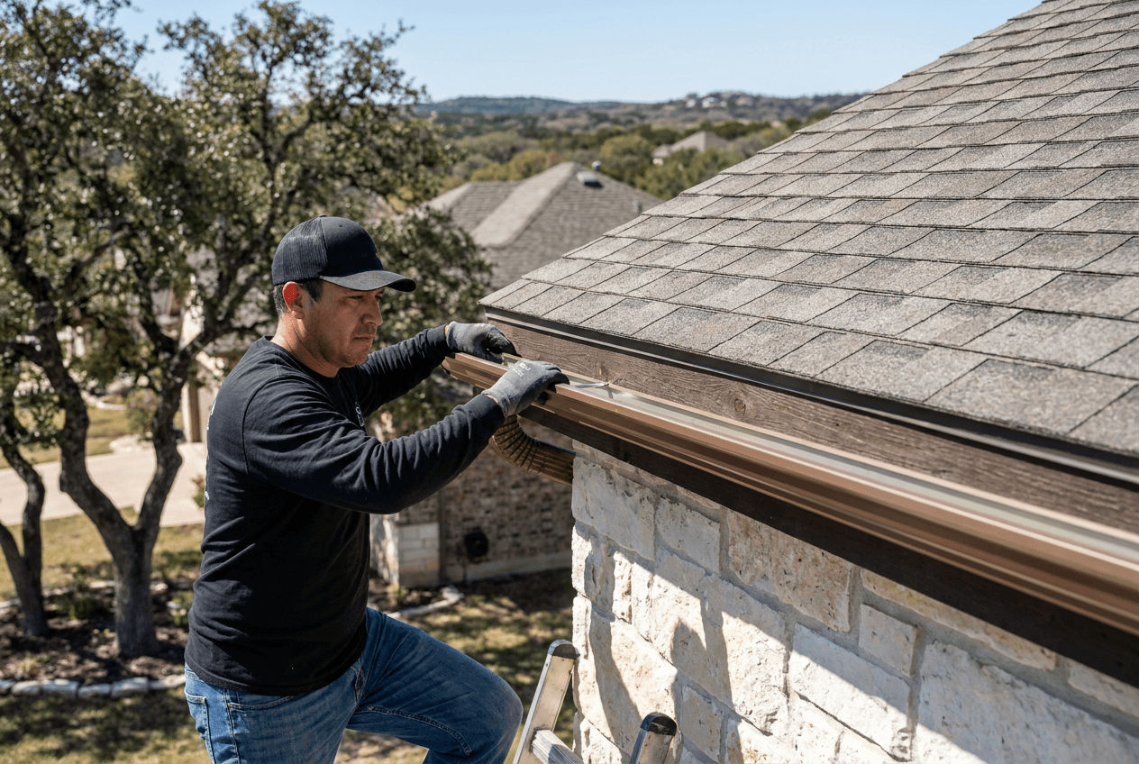 Roofing crew member installing a seamless gutter along the eave of a Central Texas limestone home