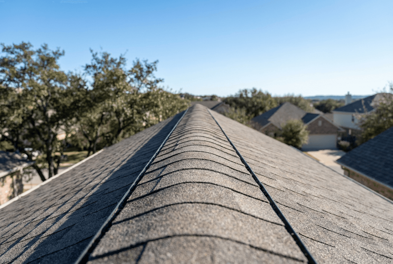 Continuous ridge vent running along the peak of a Central Texas asphalt shingle roof