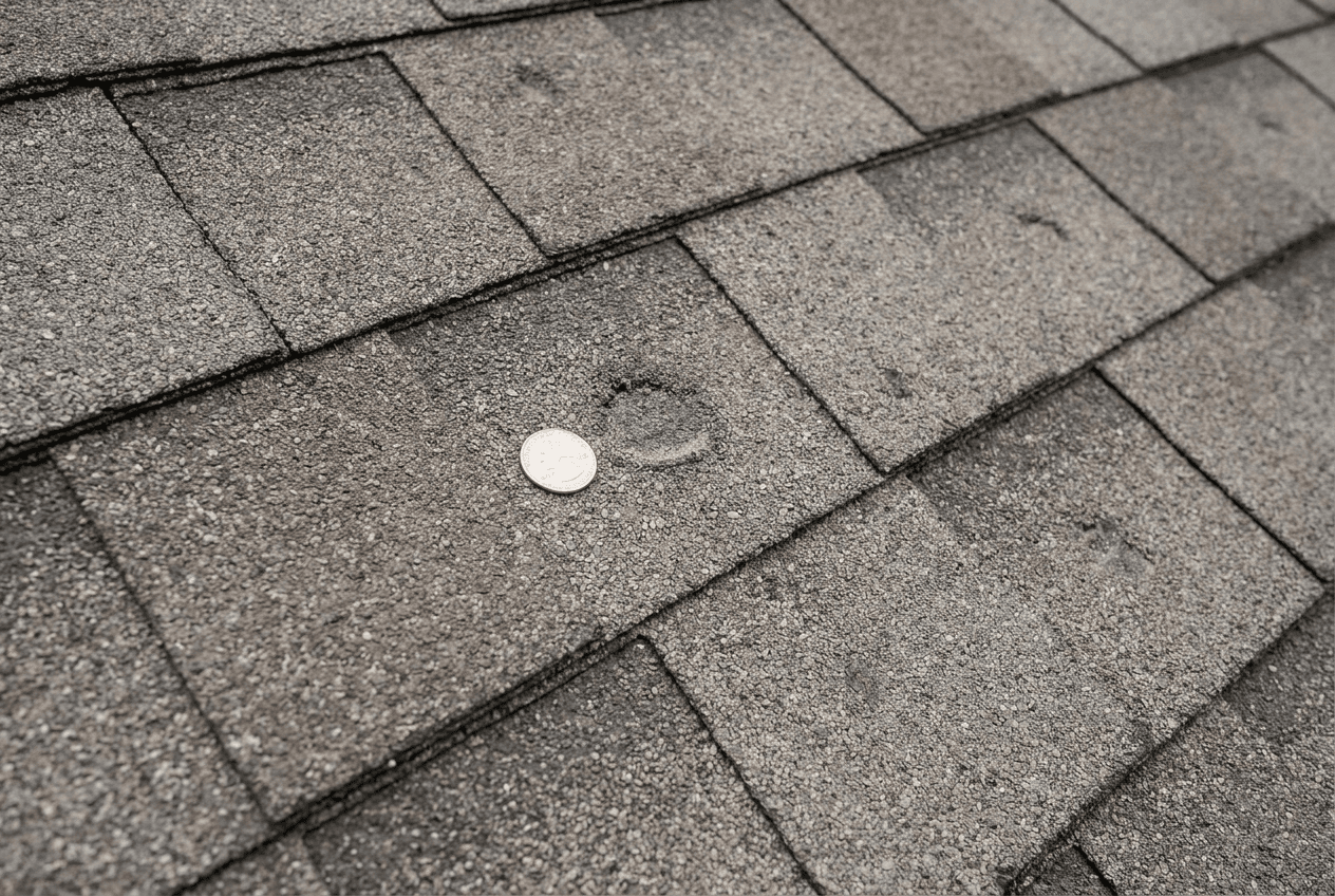 Subtle hail bruising on an asphalt shingle with a quarter laid beside it for scale, the kind of damage that is easy to miss from the ground