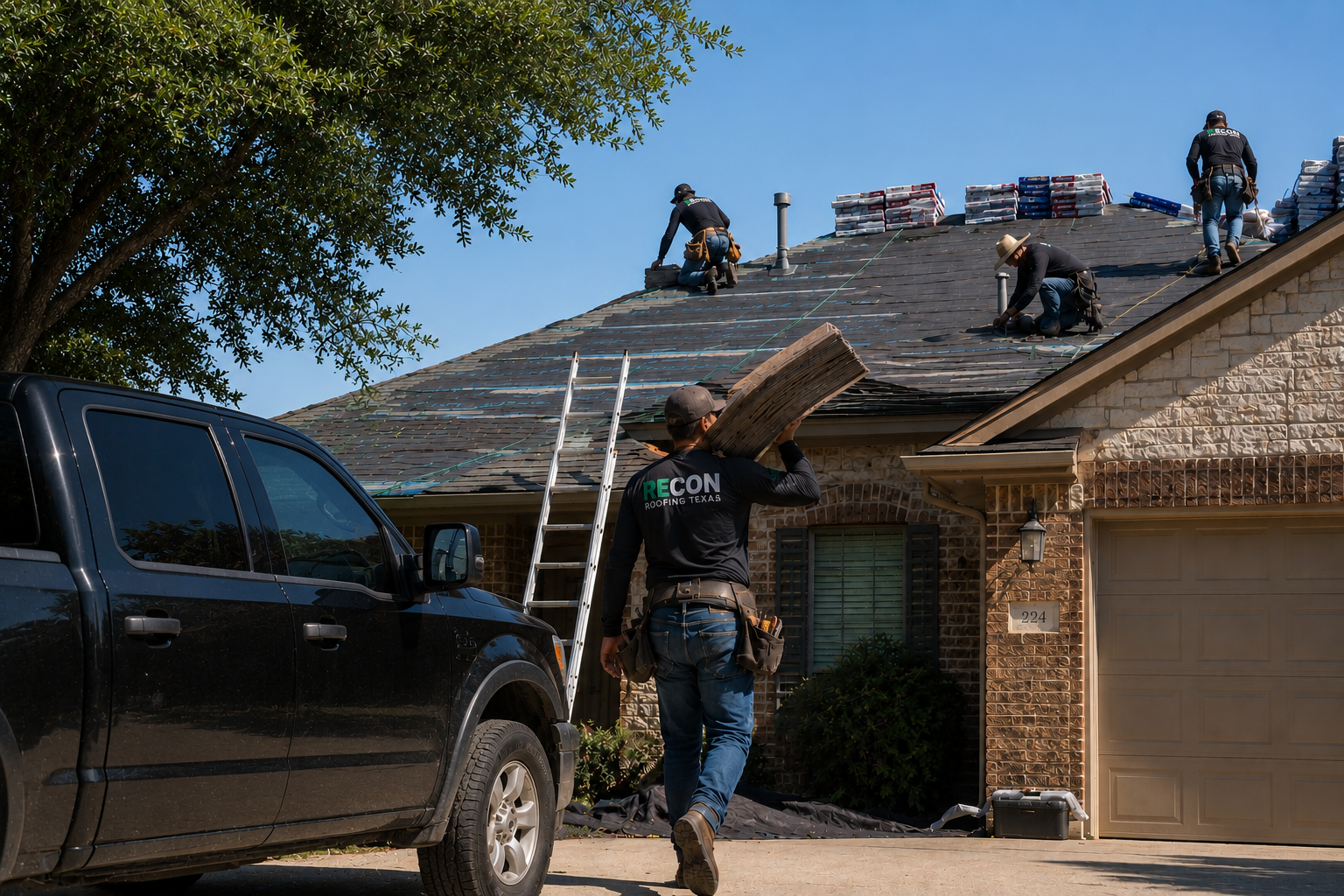 Recon Roofing crew carrying materials and working on a residential roof replacement