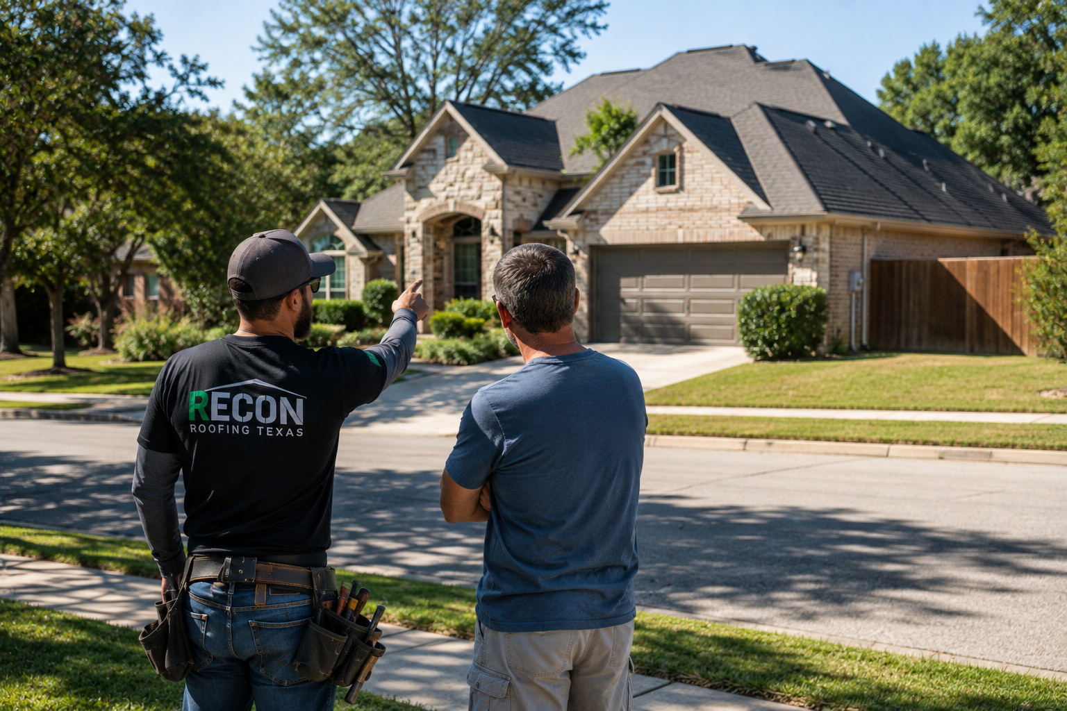Recon Roofing crew member and homeowner looking at a completed roof from the street