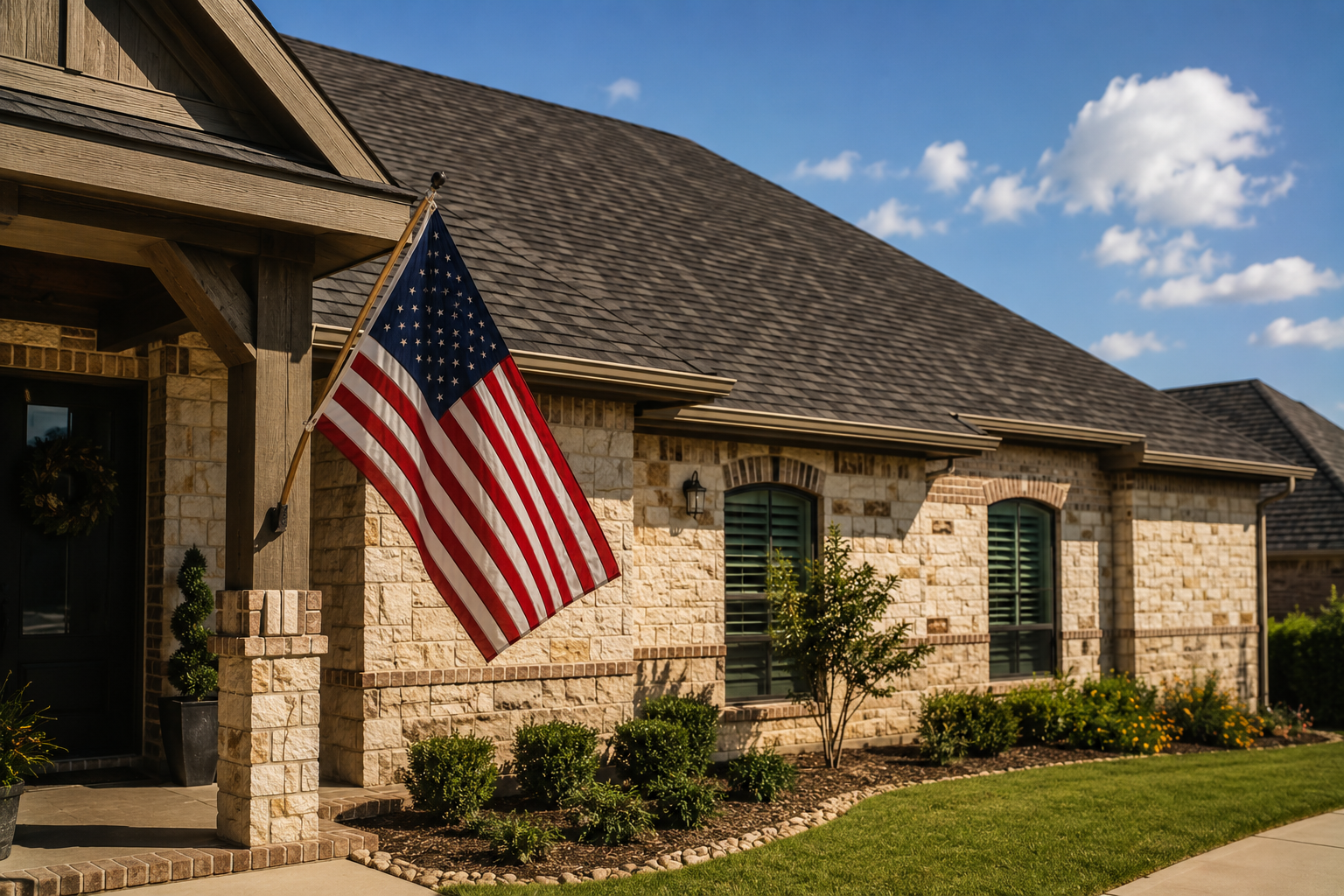 American flag waving in front of a completed roofing job on a Central Texas home