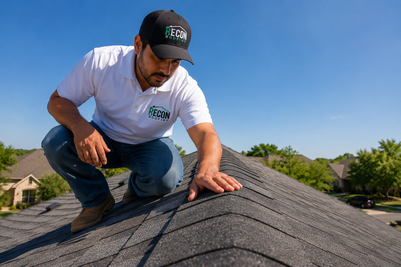 Recon Roofing crew member inspecting completed shingle work on a residential roof